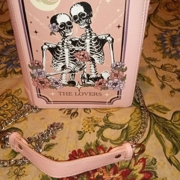 Hot Topic Handbags - PINK SKELETON LOVERS' TAROT CARD CROSSBODY BAG WITH CHAIN SHOULDER STRAP